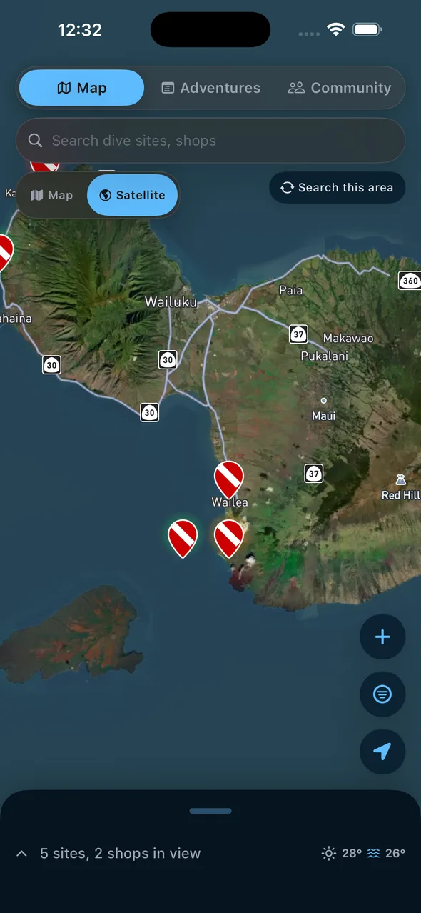 Map and dive-site conditions